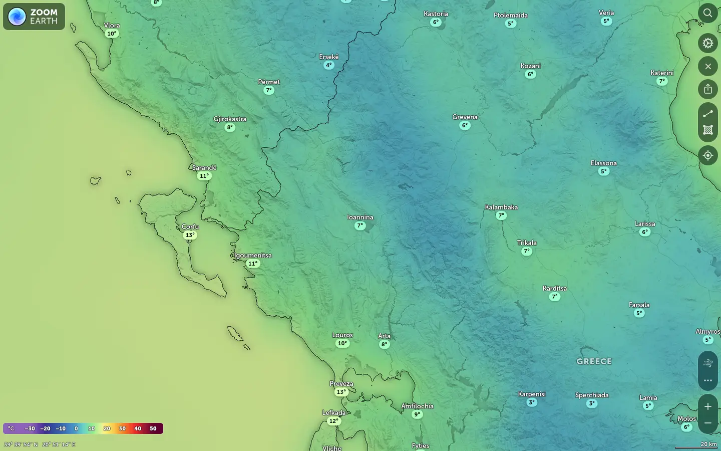 Χάρτης θερμοκρασίας Ιωάννινα καιρός