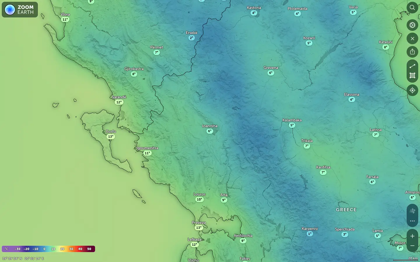 Χάρτης θερμοκρασίας Ιωάννινα καιρός