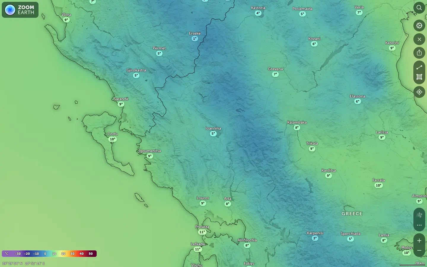 Χάρτης θερμοκρασίας Ιωάννινα καιρός