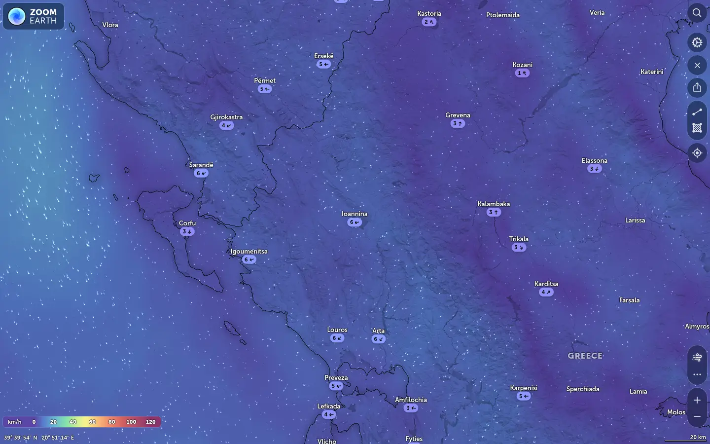 Χάρτης ανέμων Ιωάννινα καιρός