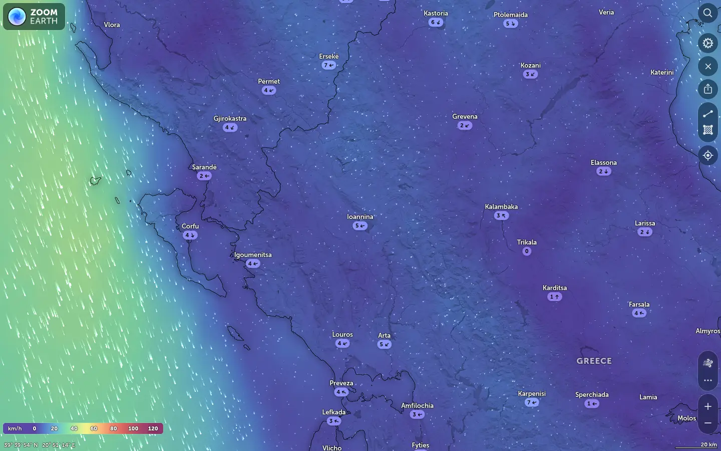 Χάρτης ανέμων Ιωάννινα καιρός