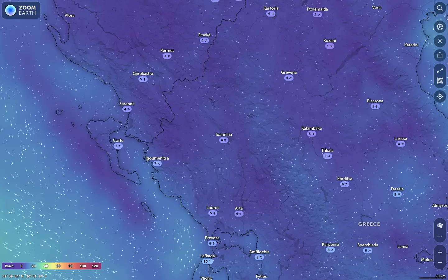 Χάρτης ανέμων Ιωάννινα καιρός