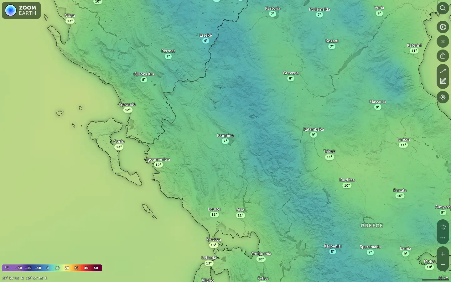 Χάρτης θερμοκρασίας Ιωάννινα καιρός