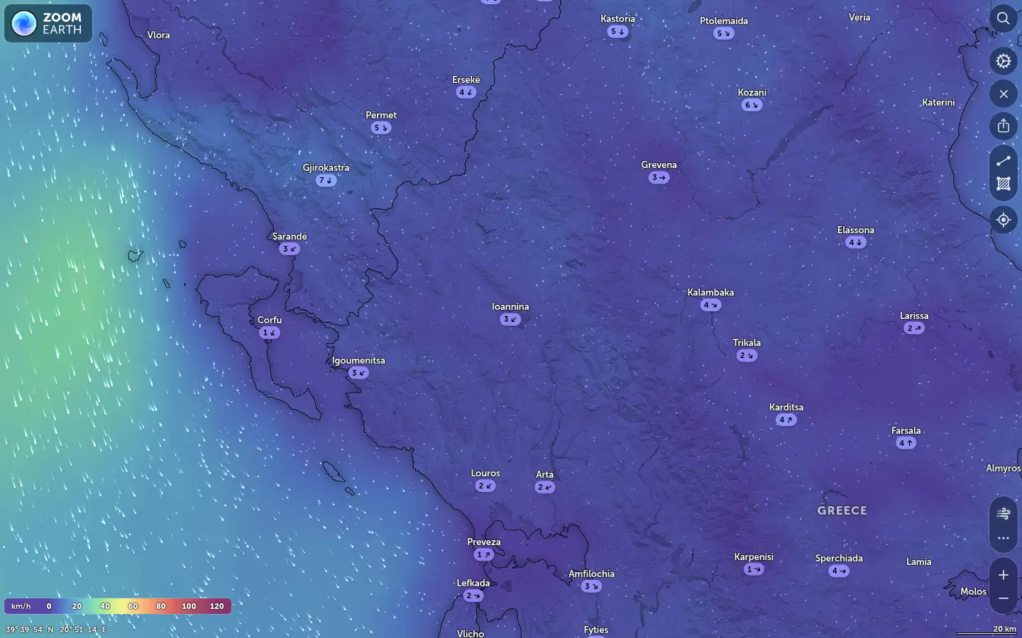 Χάρτης ανέμων Ιωάννινα καιρός